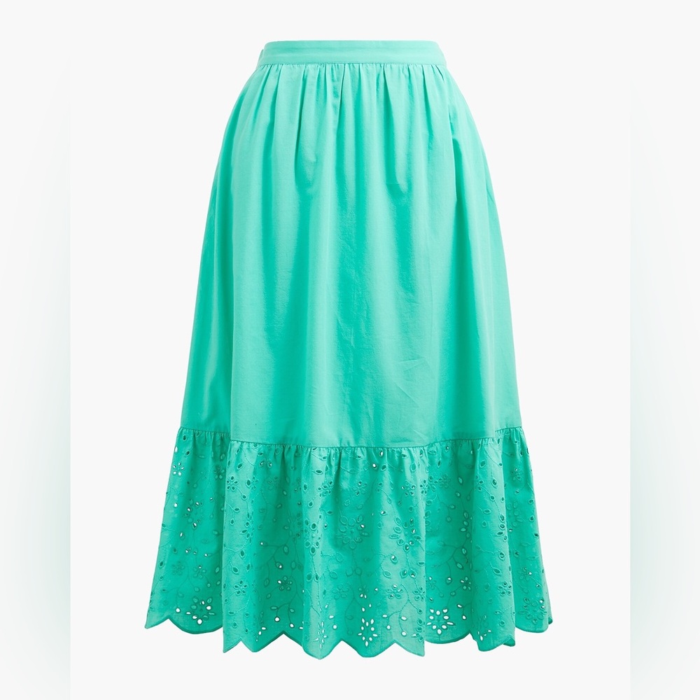 NWT J. Crew Green Eyelet Ruffle Hem A-Line Skirt (Size L)